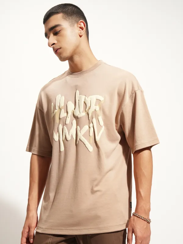 Highlander Men Beige Printed Round Neck Oversized Fit T-Shirt