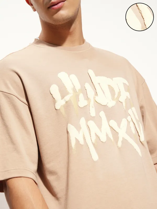Highlander Men Beige Printed Round Neck Oversized Fit T-Shirt