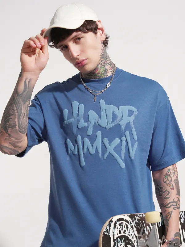 Highlander Men Blue Printed Round Neck Oversized Fit T-Shirt