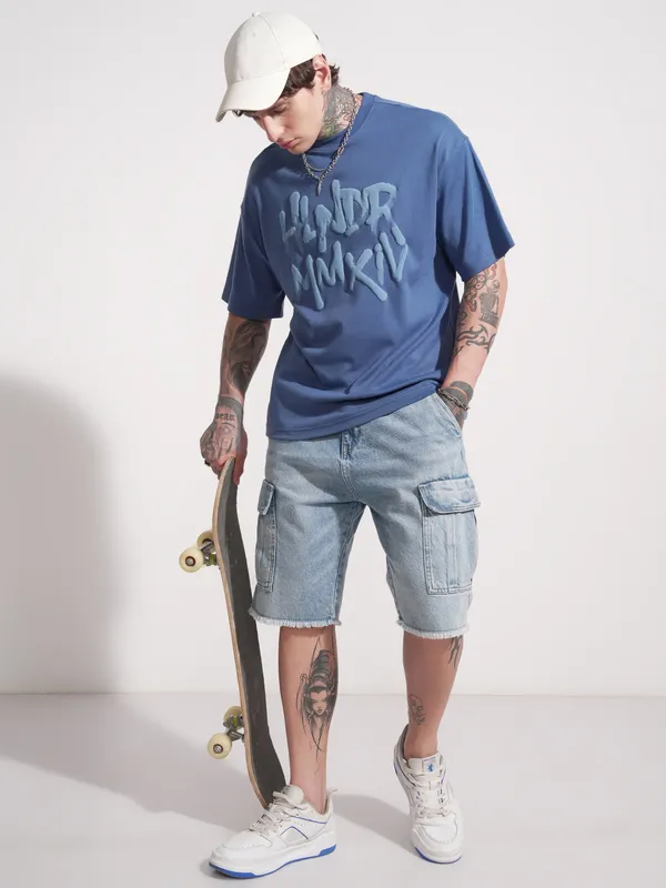 Highlander Men Blue Printed Round Neck Oversized Fit T-Shirt