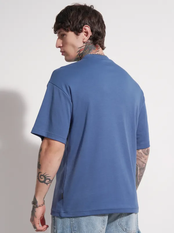 Highlander Men Blue Printed Round Neck Oversized Fit T-Shirt