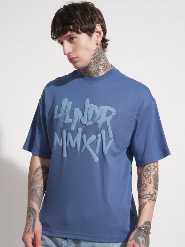 Highlander Men Blue Printed Round Neck Oversized Fit T-Shirt