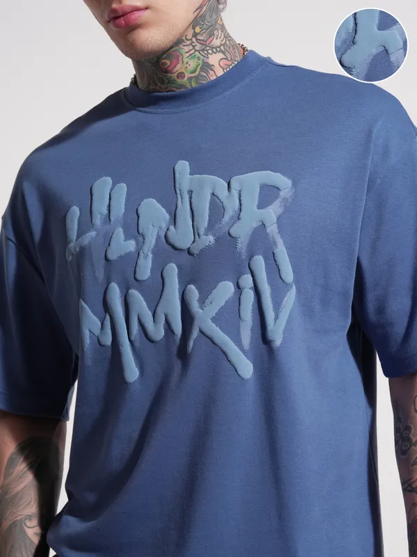 Highlander Men Blue Printed Round Neck Oversized Fit T-Shirt