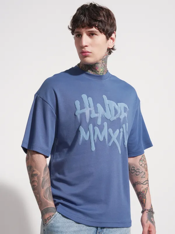 Highlander Men Blue Printed Round Neck Oversized Fit T-Shirt
