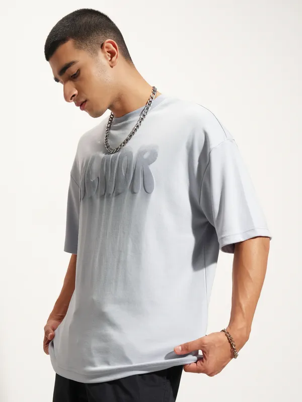 Highlander Men Grey Printed Round Neck Oversized Fit T-Shirt