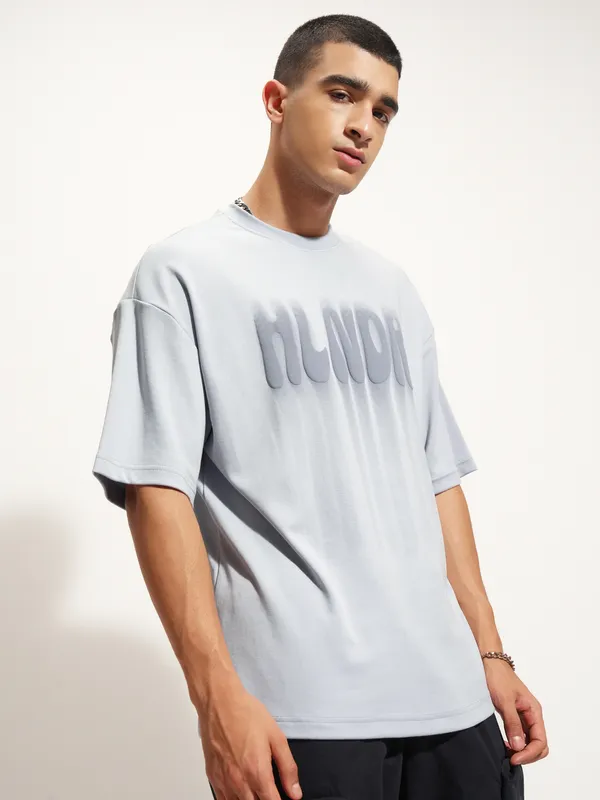 Highlander Men Grey Printed Round Neck Oversized Fit T-Shirt