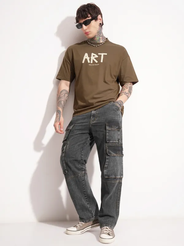 Highlander Men Brown Printed Round Neck Oversized Fit T-Shirt
