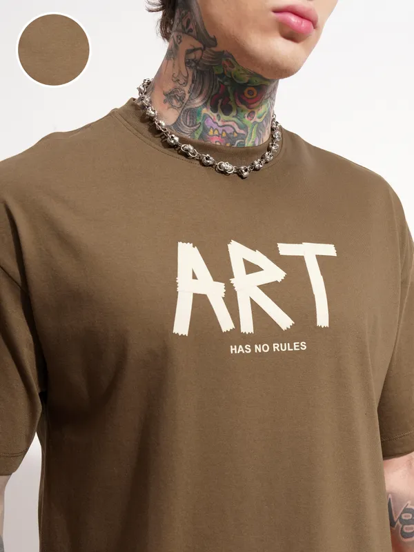 Highlander Men Brown Printed Round Neck Oversized Fit T-Shirt