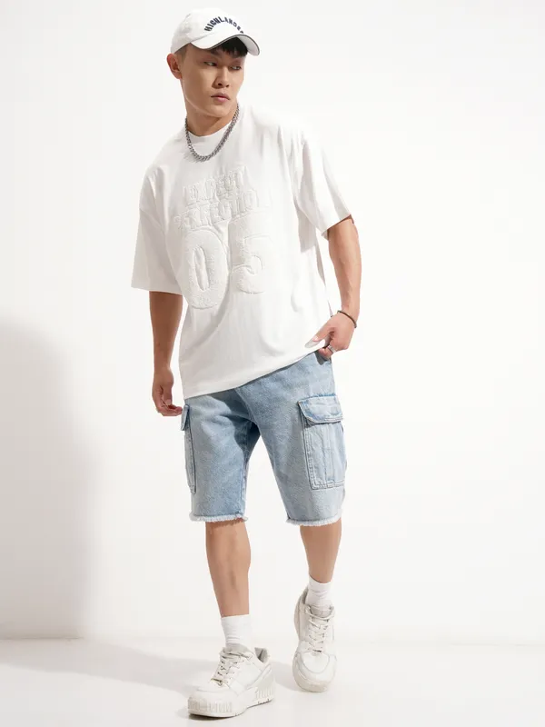 Highlander Men White Applique Round Neck Oversized Fit T-Shirt