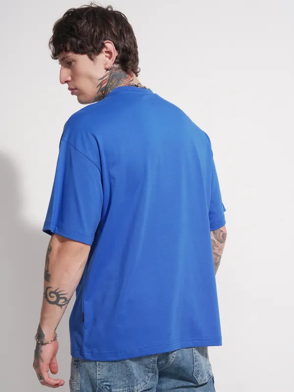 Highlander Men Blue Applique Round Neck Oversized Fit T-Shirt