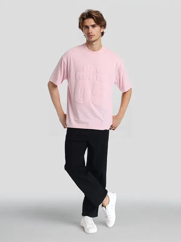 Highlander Men Pink Self Design Round Neck Oversized Fit T-Shirt