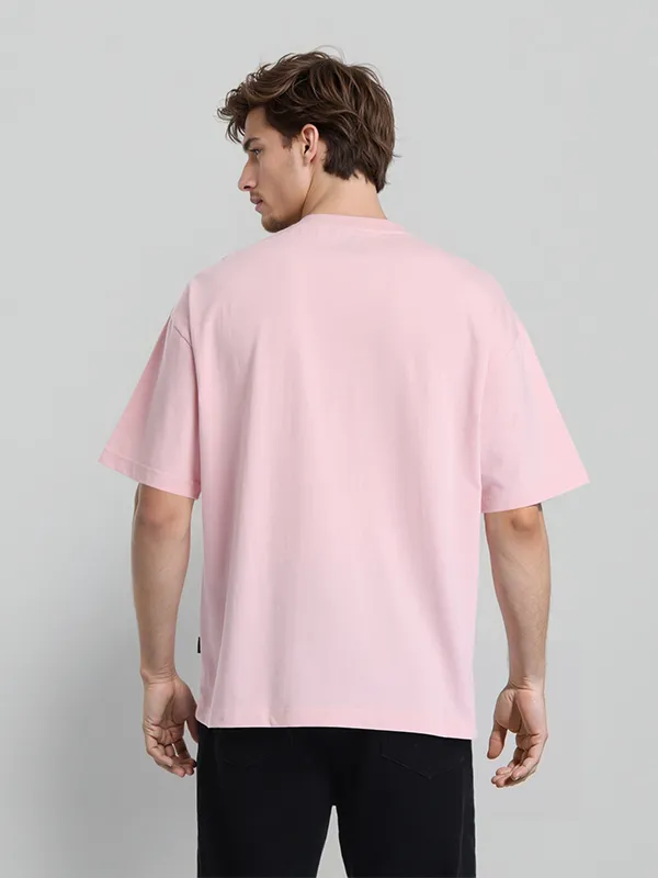 Highlander Men Pink Self Design Round Neck Oversized Fit T-Shirt
