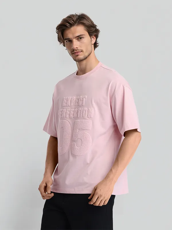 Highlander Men Pink Self Design Round Neck Oversized Fit T-Shirt