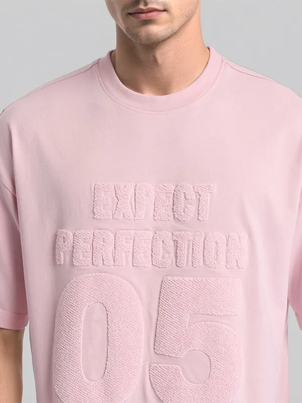 Highlander Men Pink Self Design Round Neck Oversized Fit T-Shirt