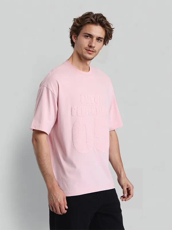 Highlander Men Pink Self Design Round Neck Oversized Fit T-Shirt