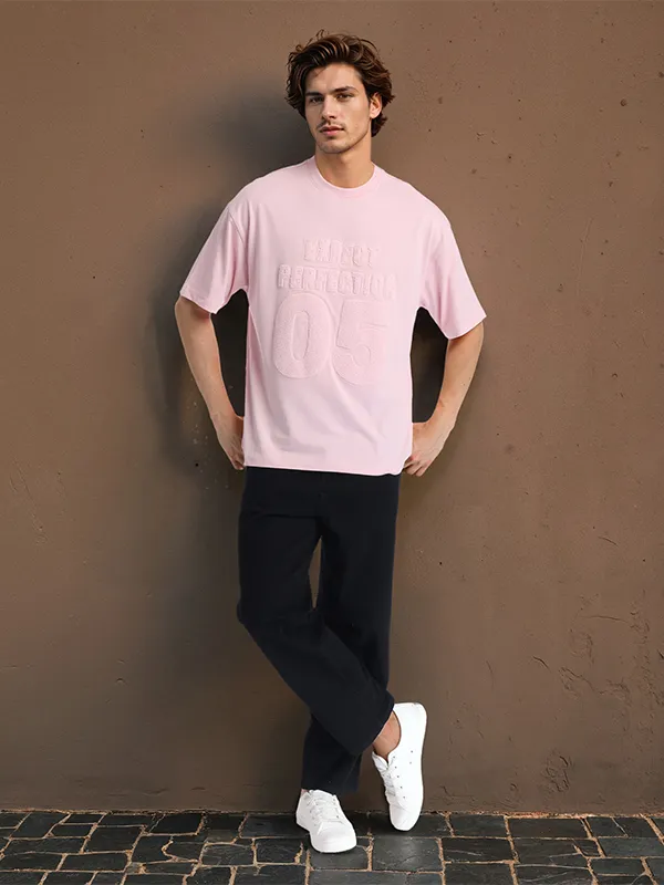 Highlander Men Pink Self Design Round Neck Oversized Fit T-Shirt