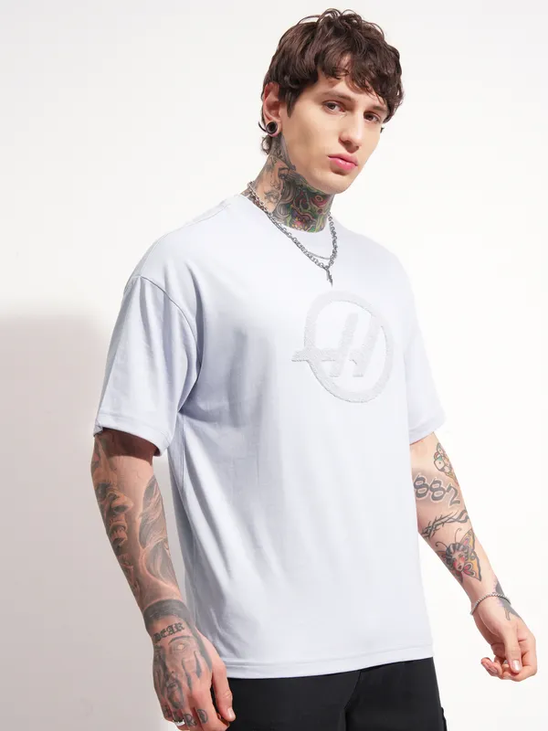 Highlander Men Grey Printed Round Neck Oversized Fit T-Shirt