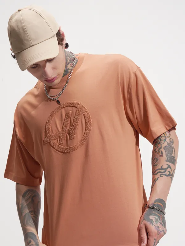 Highlander Men Rust Self Design Round Neck Oversized Fit T-Shirt