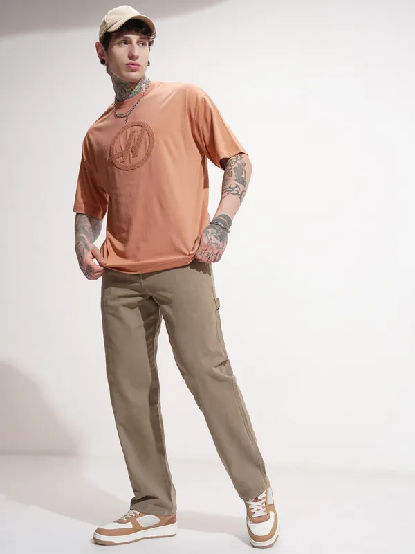 Highlander Men Rust Self Design Round Neck Oversized Fit T-Shirt