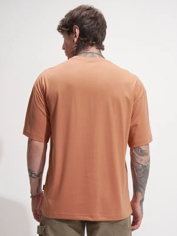 Highlander Men Rust Self Design Round Neck Oversized Fit T-Shirt