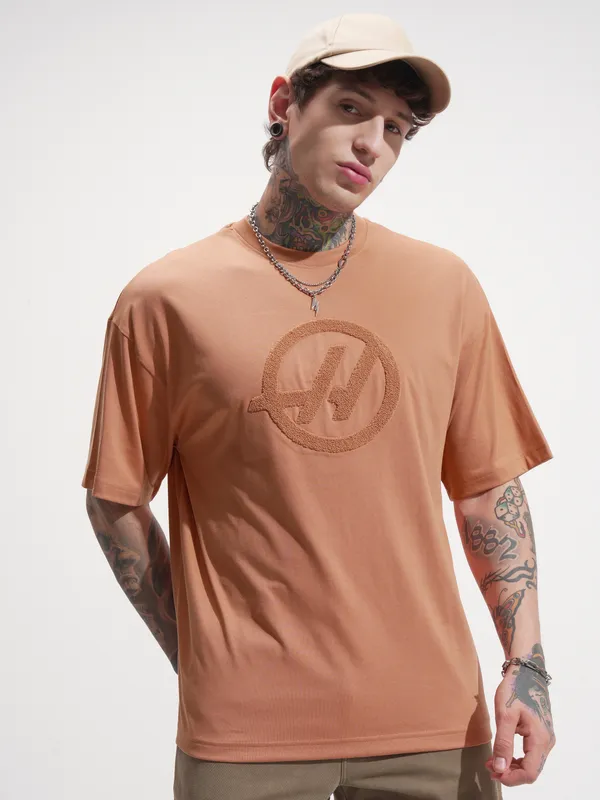 Highlander Men Rust Self Design Round Neck Oversized Fit T-Shirt
