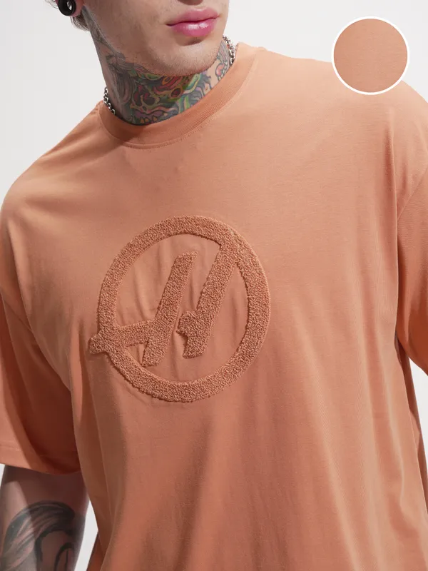 Highlander Men Rust Self Design Round Neck Oversized Fit T-Shirt