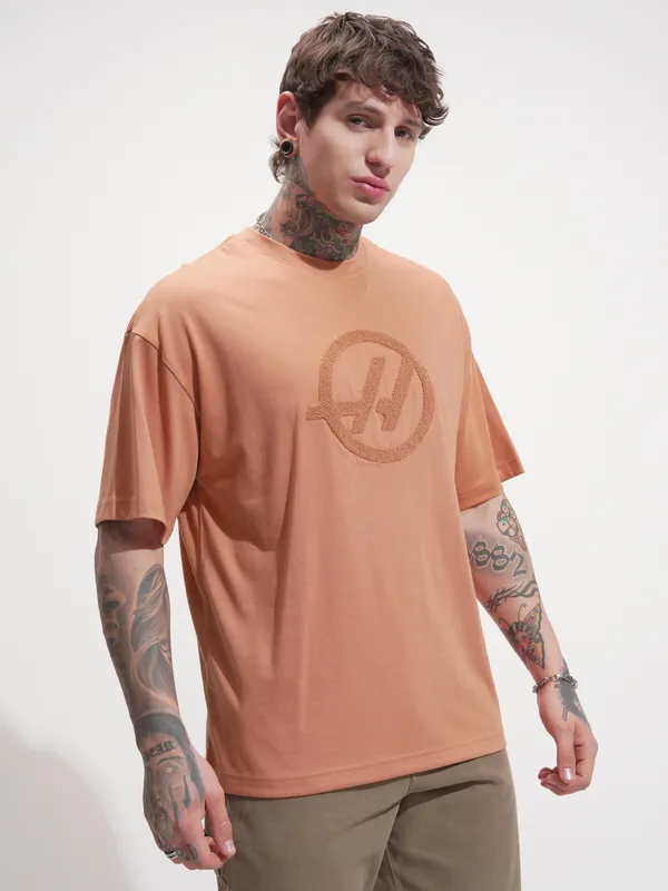 Highlander Men Rust Self Design Round Neck Oversized Fit T-Shirt
