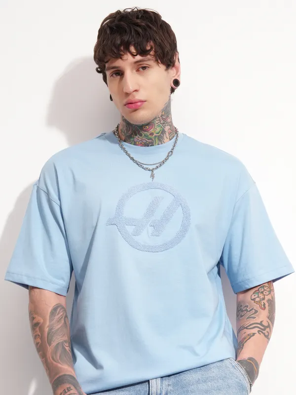 Highlander Men Blue Printed Round Neck Oversized Fit T-Shirt