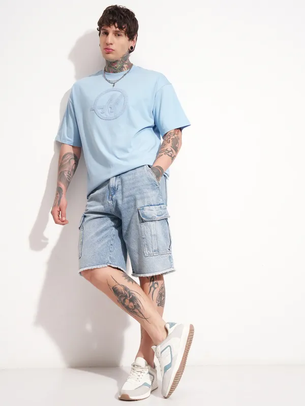 Highlander Men Blue Printed Round Neck Oversized Fit T-Shirt