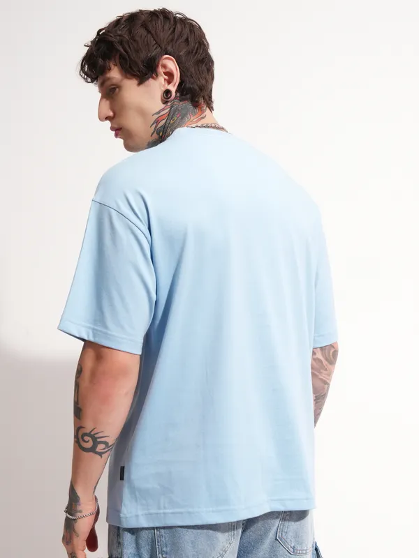 Highlander Men Blue Printed Round Neck Oversized Fit T-Shirt