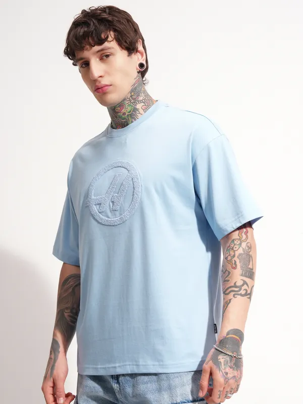 Highlander Men Blue Printed Round Neck Oversized Fit T-Shirt