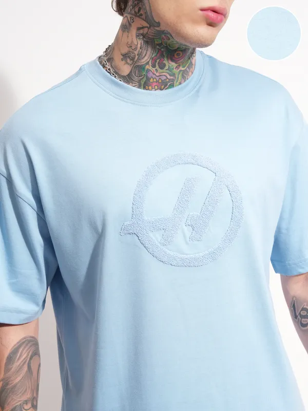 Highlander Men Blue Printed Round Neck Oversized Fit T-Shirt
