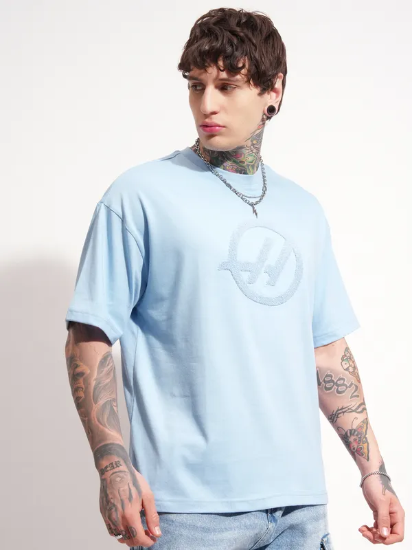 Highlander Men Blue Printed Round Neck Oversized Fit T-Shirt