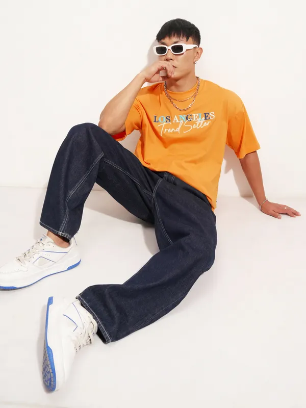 Highlander Men Orange Self Design Round Neck Oversized Fit T-Shirt