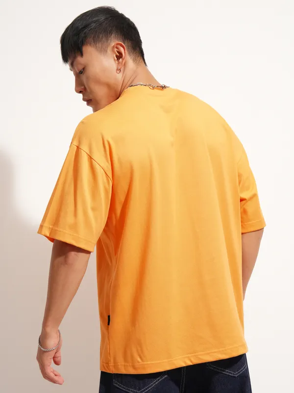 Highlander Men Orange Self Design Round Neck Oversized Fit T-Shirt