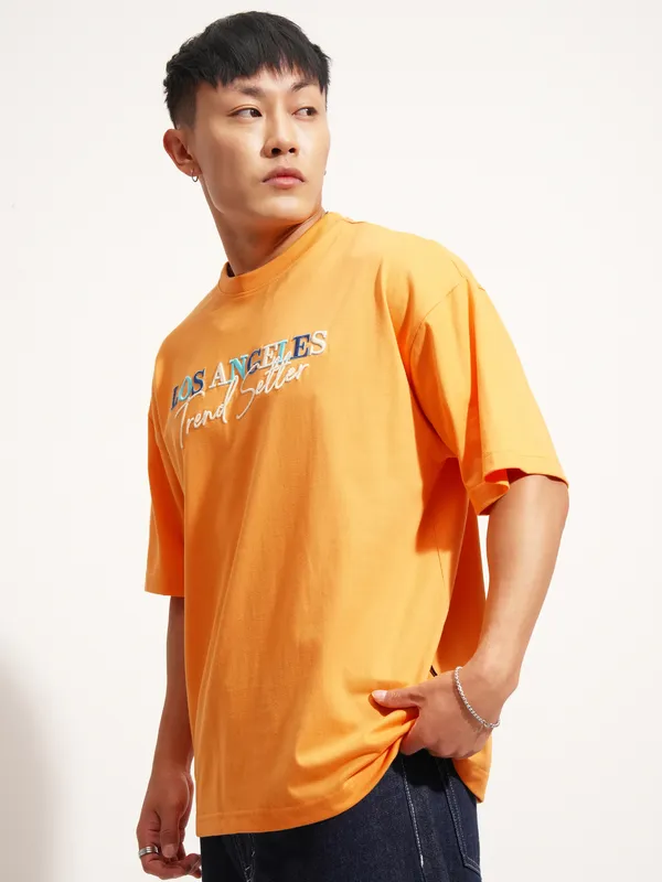 Highlander Men Orange Self Design Round Neck Oversized Fit T-Shirt