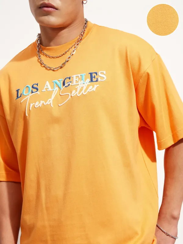 Highlander Men Orange Self Design Round Neck Oversized Fit T-Shirt