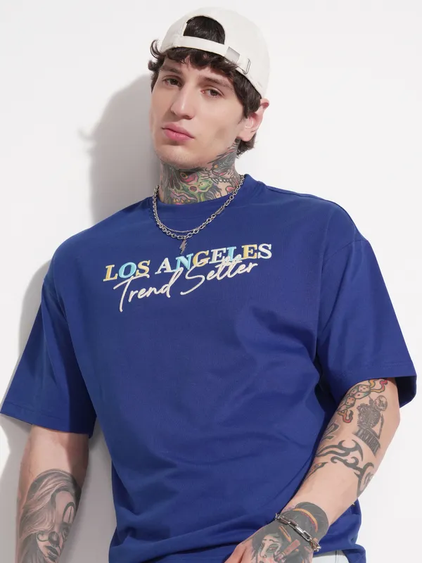 Highlander Men Blue Printed Round Neck Oversized Fit T-Shirt
