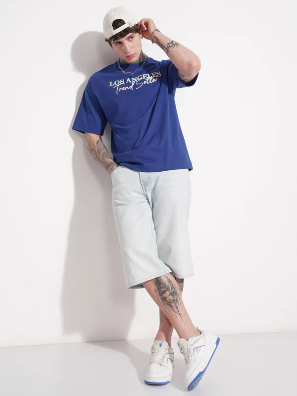 Highlander Men Blue Printed Round Neck Oversized Fit T-Shirt