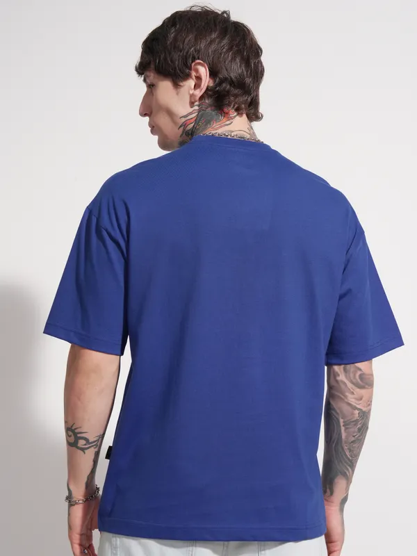 Highlander Men Blue Printed Round Neck Oversized Fit T-Shirt