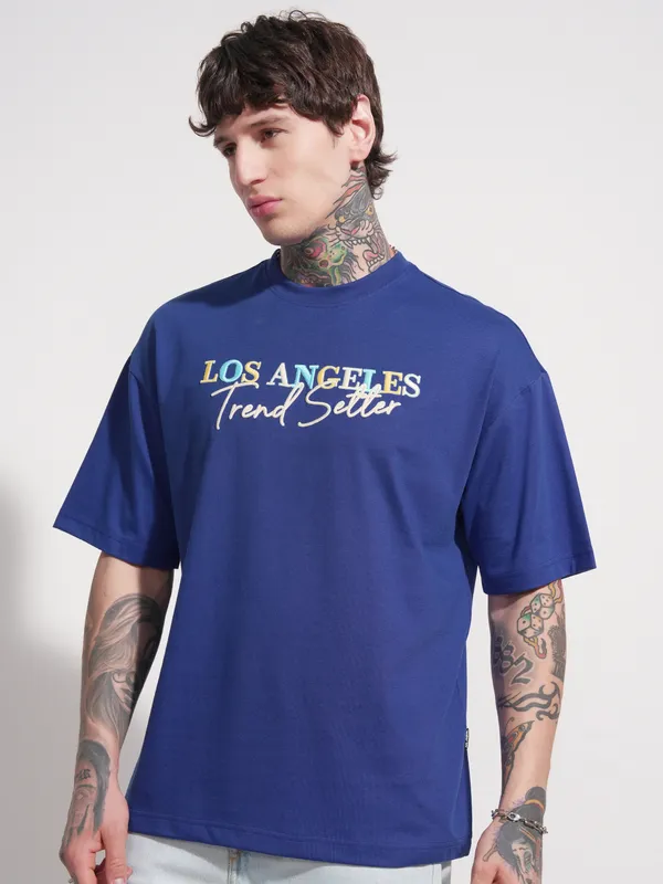 Highlander Men Blue Printed Round Neck Oversized Fit T-Shirt