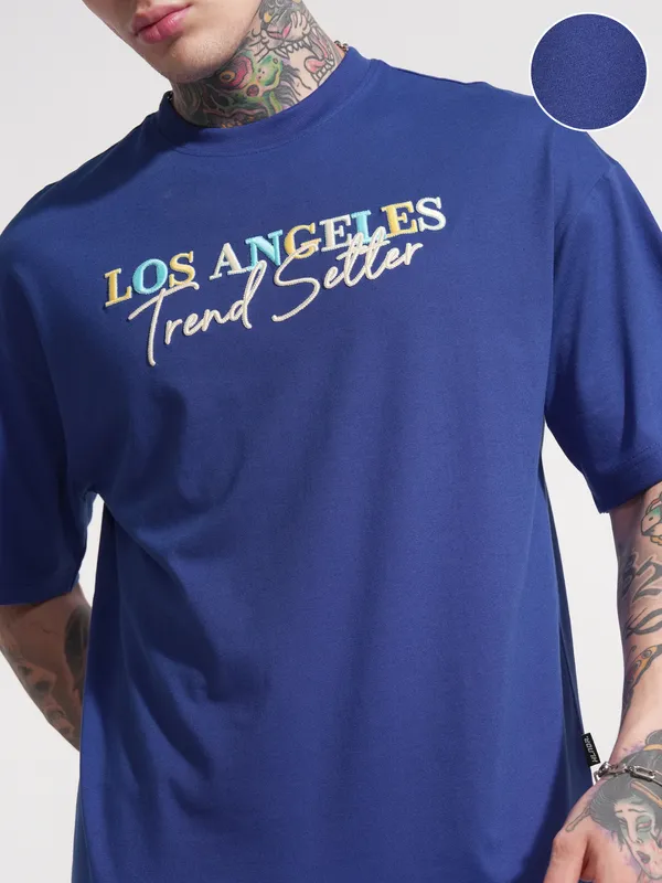 Highlander Men Blue Printed Round Neck Oversized Fit T-Shirt