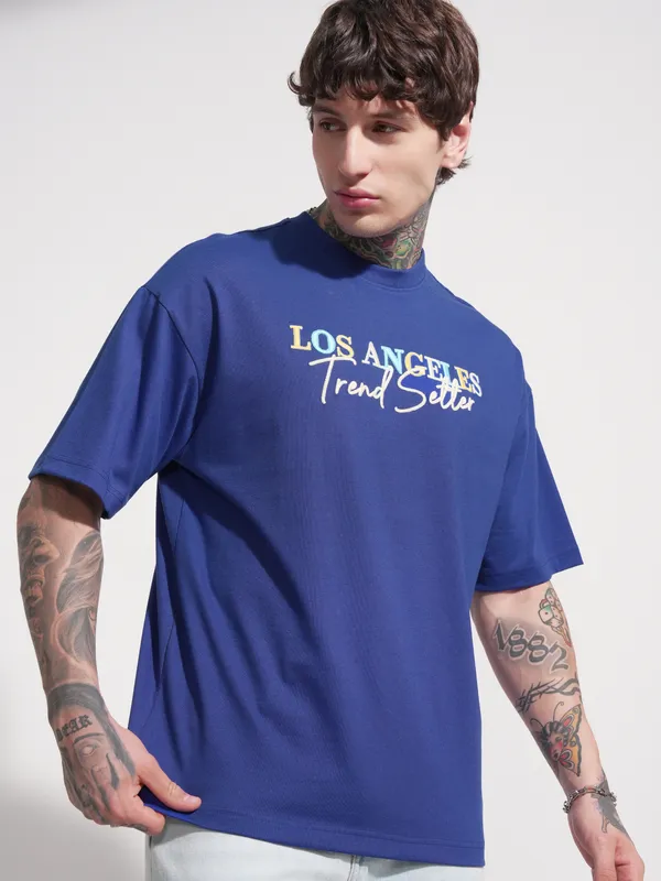 Highlander Men Blue Printed Round Neck Oversized Fit T-Shirt