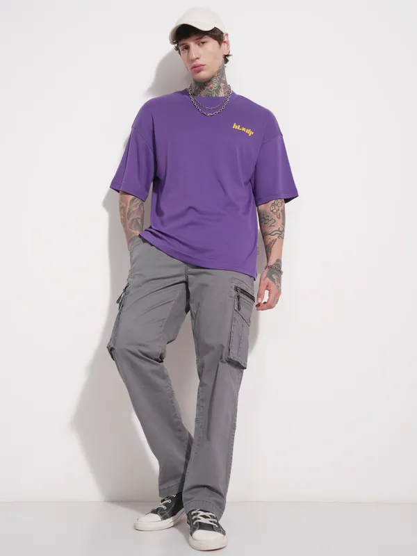 Highlander Men Purple Printed Round Neck Oversized Fit T-Shirt