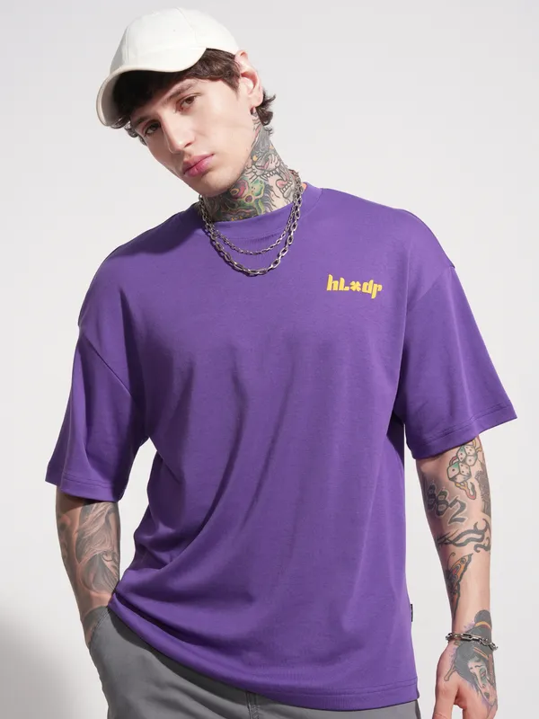 Highlander Men Purple Printed Round Neck Oversized Fit T-Shirt
