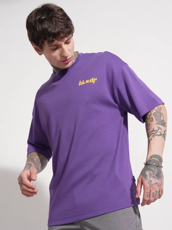 Highlander Men Purple Printed Round Neck Oversized Fit T-Shirt