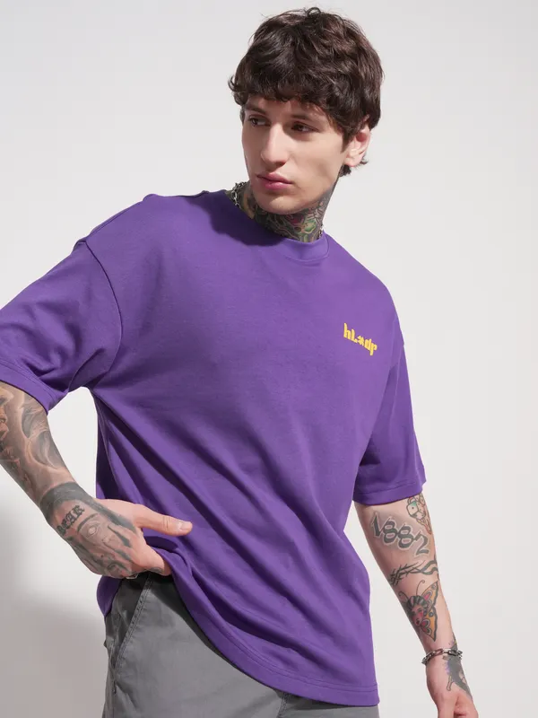 Highlander Men Purple Printed Round Neck Oversized Fit T-Shirt
