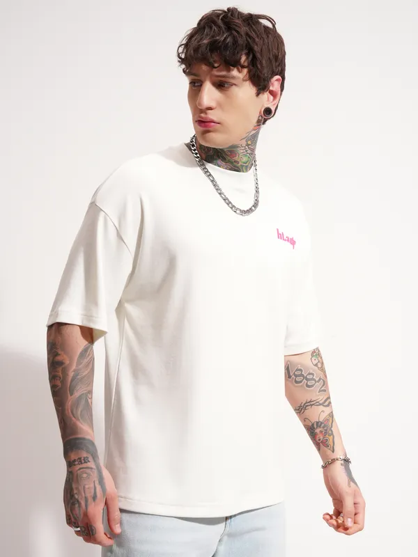 Highlander Men Off White Printed Round Neck Oversized Fit T-Shirt