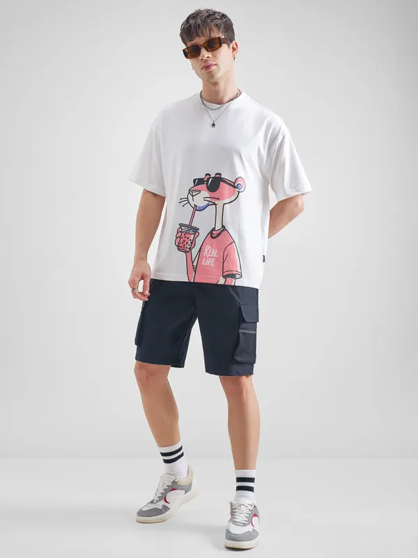 Highlander Men White Printed Round Neck Oversized Fit T-Shirt