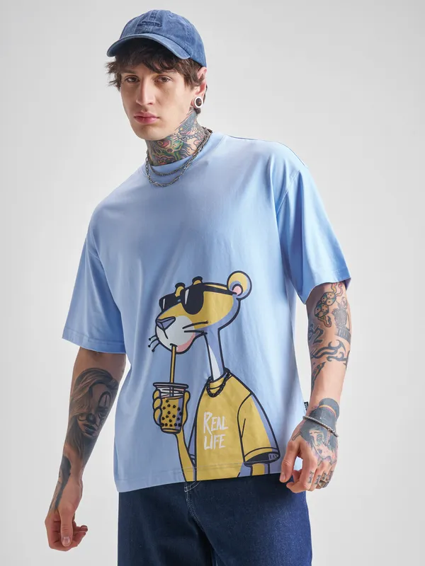 Highlander Men Blue Printed Round Neck Oversized Fit T-Shirt